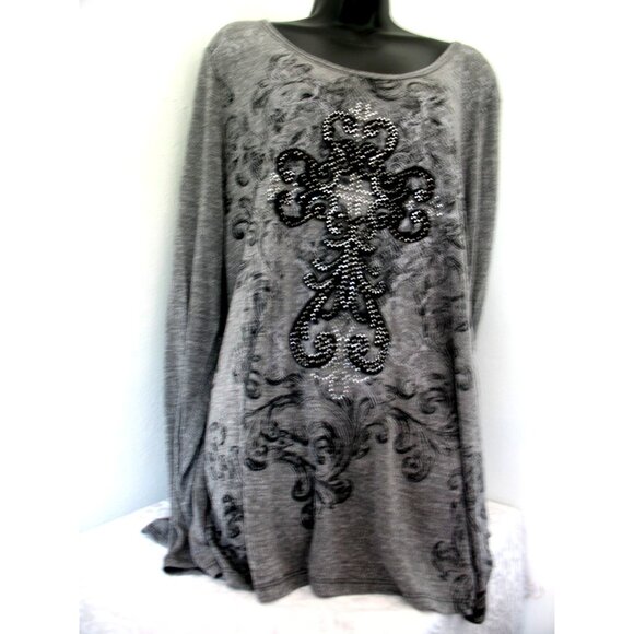 Maurice's Gray/Silver/Black, Beaded  Long Sleeve Shirt  Sze 3X ck measurement - Picture 1 of 13